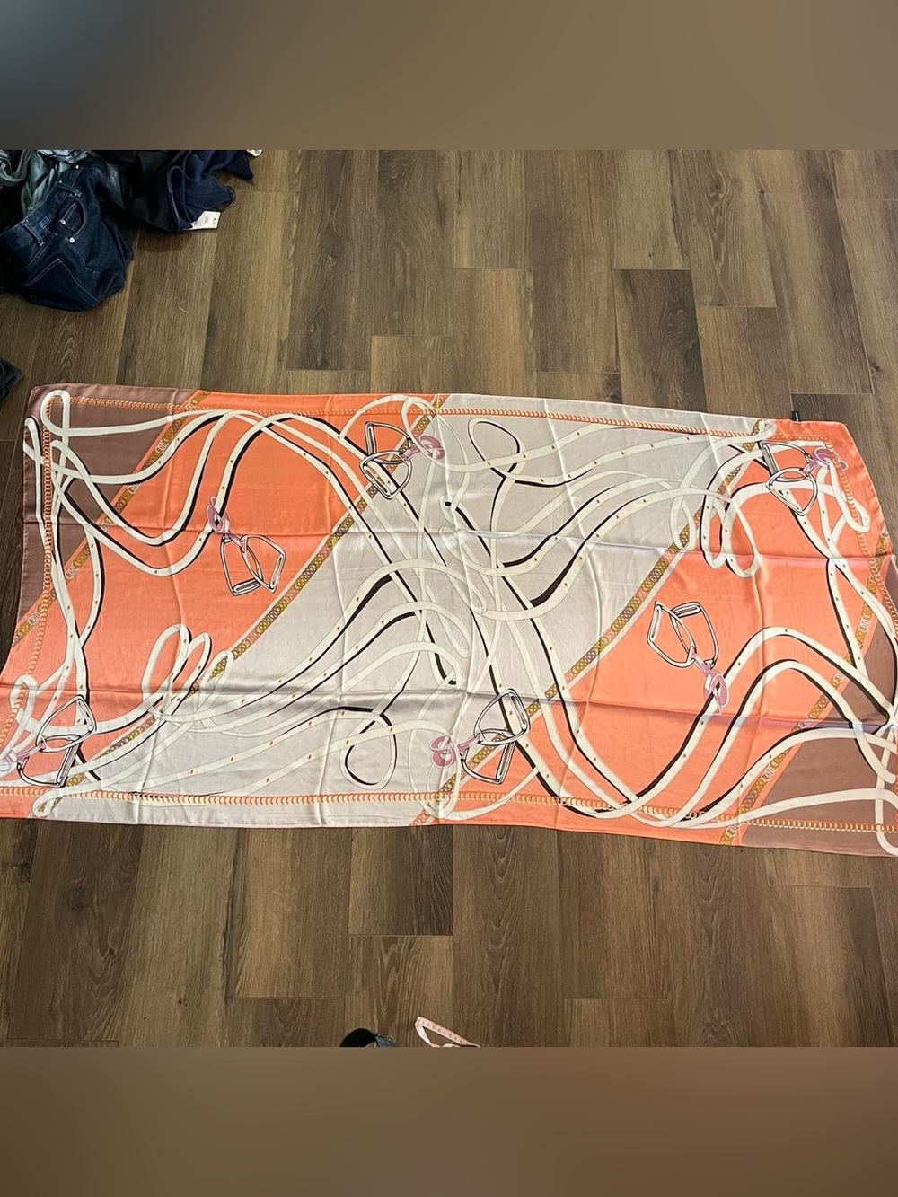 Vintage Peach Cream and Brown Horizontal Silk Scarf